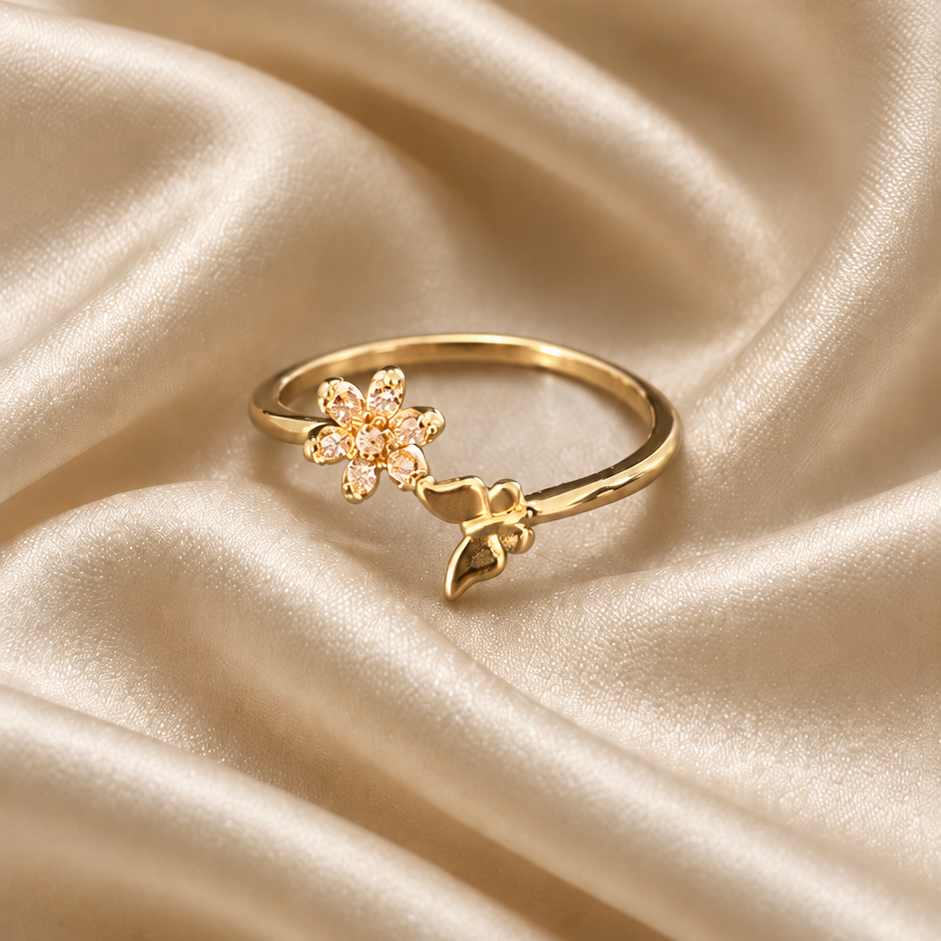 Fleur Butterfly & Crystal Blossom Ring
